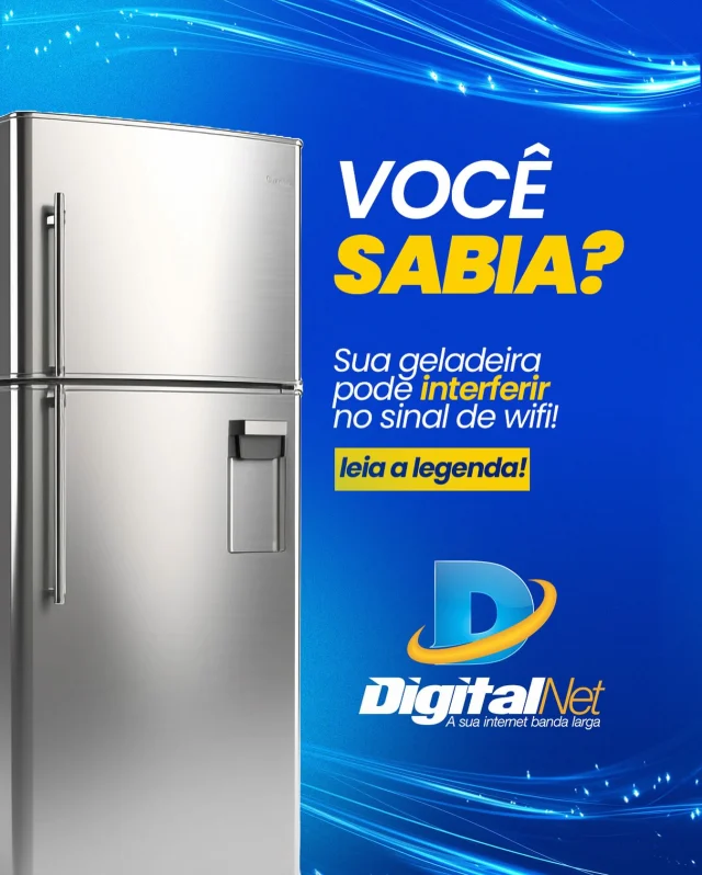 📡 Você sabia que sua geladeira pode interferir no sinal do Wi-Fi? Sim, uma geladeira pode interferir, especialmente se o roteador estiver muito próximo dela. A estrutura metálica e a água que circulam no interior da geladeira podem criar interferências e reduzir a qualidade do sinal. Pois é, não só ela como outro eletrodomésticos podem fazer isso, sendo eles: - microondas; - máquina de lavar louça; - alguns modelos de TVs e monitores. Nem só de roteador vive o sinal! Lugares como cozinhas e áreas com eletrodomésticos podem atrapalhar sua conexão. 🛜🚀💙 #grupodigitalnet