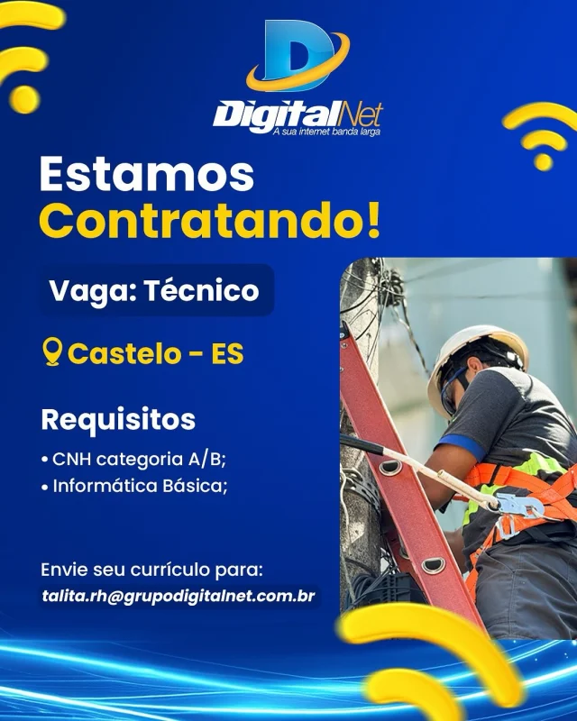 Estamos contratando! Atenção, Castelo e Muniz Freire! Tem vaga aberta para Técnico de Instalação na Digital Net! Se você manja de tecnologia e curte trabalhar com internet, essa é a sua chance! Vem crescer com a gente! 📍 Castelo e Muniz Freire – ES 🛠 Técnico de Instalação #Vagas #CasteloES #MunizFreireES #DigitalNet #TrabalheConosco