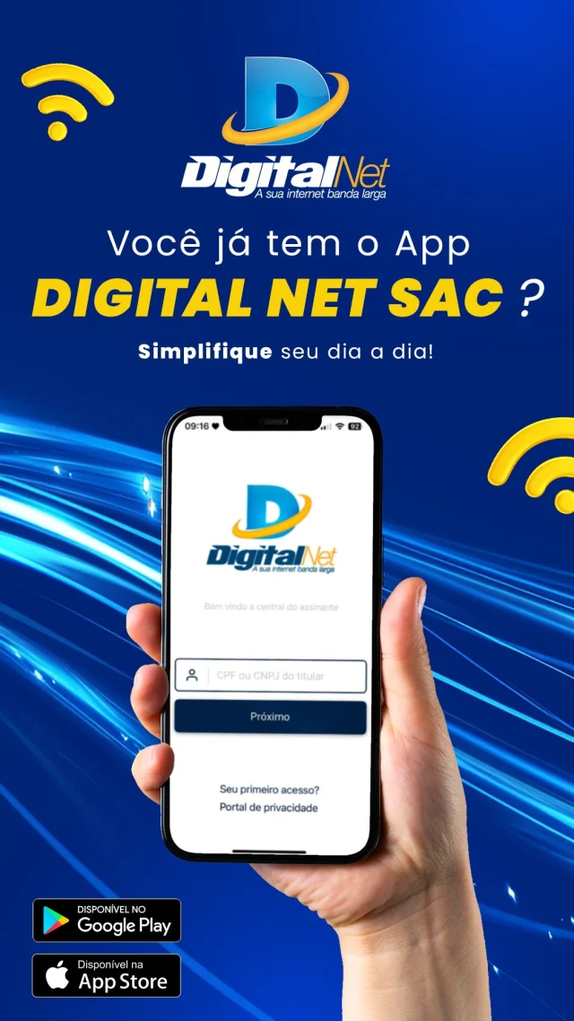 Baixe agora o app Digital Net SAC e facilite sua vida! 📱💙✨ disponível para Android e IOS.