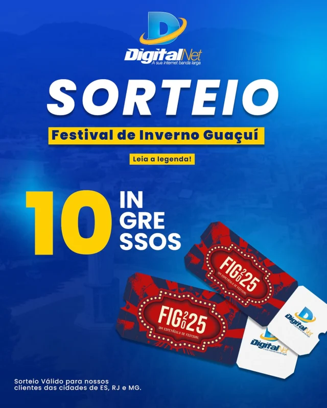 Gosta de música boa e aquele clima gostoso de inverno? Então essa é pra você! ❄️🎤 A Digital Net vai sortear 10 ingressos para o Festival de Inverno de Guaçuí, um dos eventos mais esperados da região! Serão 5 ingressos para cada show, com atrações imperdíveis que vão aquecer suas noites com muita animação! 🔥🎉 📍 Promoção válida para todos os nossos clientes do ES, RJ e MG! Pra participar é fácil demais: ✅ Estar com a mensalidade em dia ✅ Entrar em nosso site e fazer o cadastro na promoção (link disponível na bio do nosso Instagram) ✅ Curtir e compartilhar esse post nos seus stories do Instagram (e não esqueça de marcar a gente)! Não fique de fora dessa chance de curtir esse festival incrível com a galera! Digital Net — conectando você ao que realmente importa. Boa sorte! 🚀🍀 @festivaldeinvernoguacui
